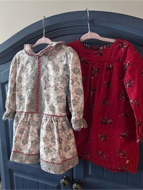 Two Girls' Dresses - Floral Cream Vintage Style & Red Floral Tunic